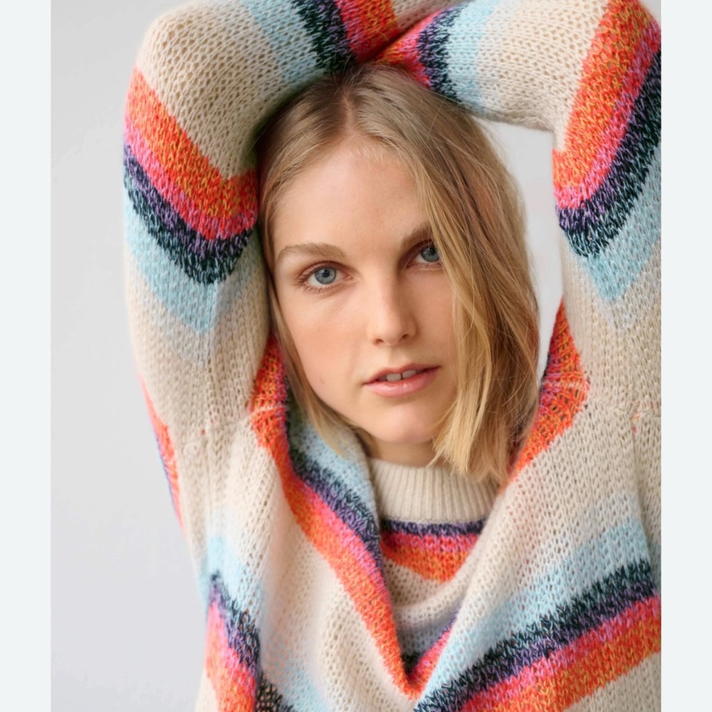 White + Warren Striped Multicolor Cashmere Sweater lavender/pink/blue sz S - Picture 3 of 13
